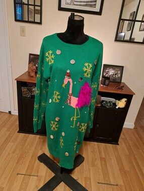Tis The Season Green Flamingo Ugly Christmas Sweater Dress Knit Metallic Large